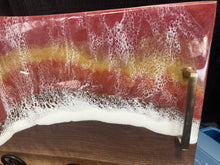 Load image into Gallery viewer, Live Edge Maple, rich browns and warm golds food safe epoxy covering 90% of wood in a wave pattern white, clear, medium reds, golds with brass handles.