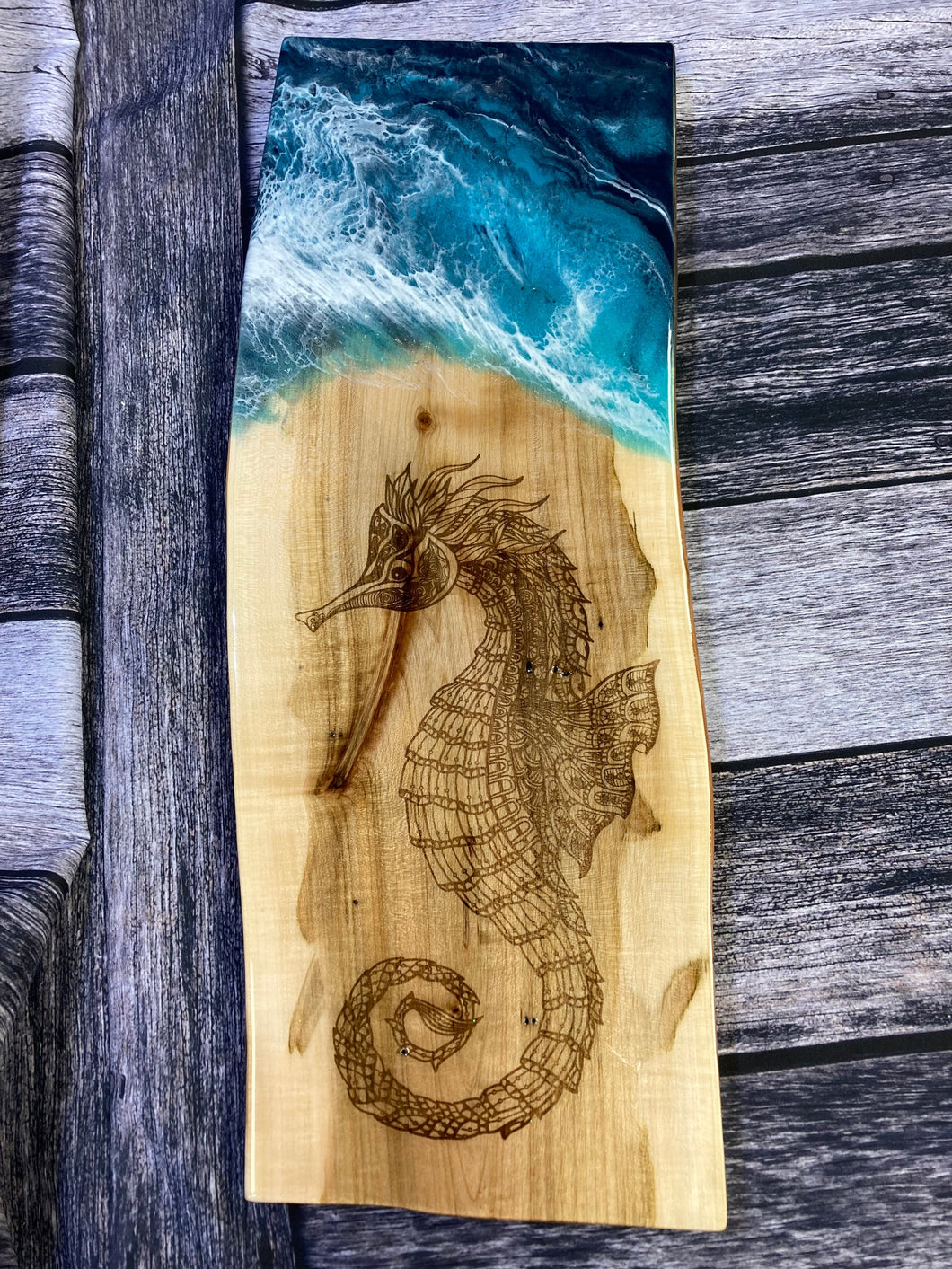 Laser engraved seahorse