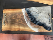 Load image into Gallery viewer, Live Edge Walnut, rich browns and golds, food safe epoxy covering 75% of wood in a  wave pattern white, clear, black and grays with repurposed wrenches.
