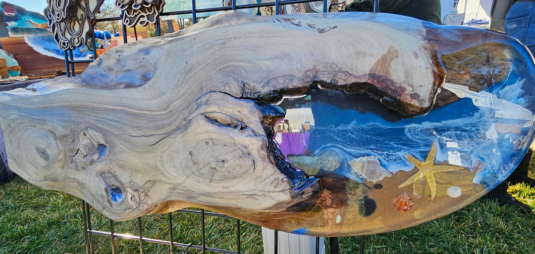 Live edge walnut with natural sand, starfish and shells